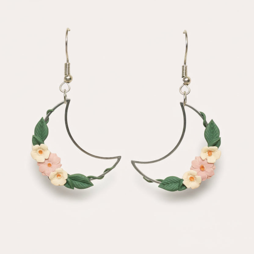 Ivy Crescent silver earrings in pink & ivory | NZ handmade flower earrings