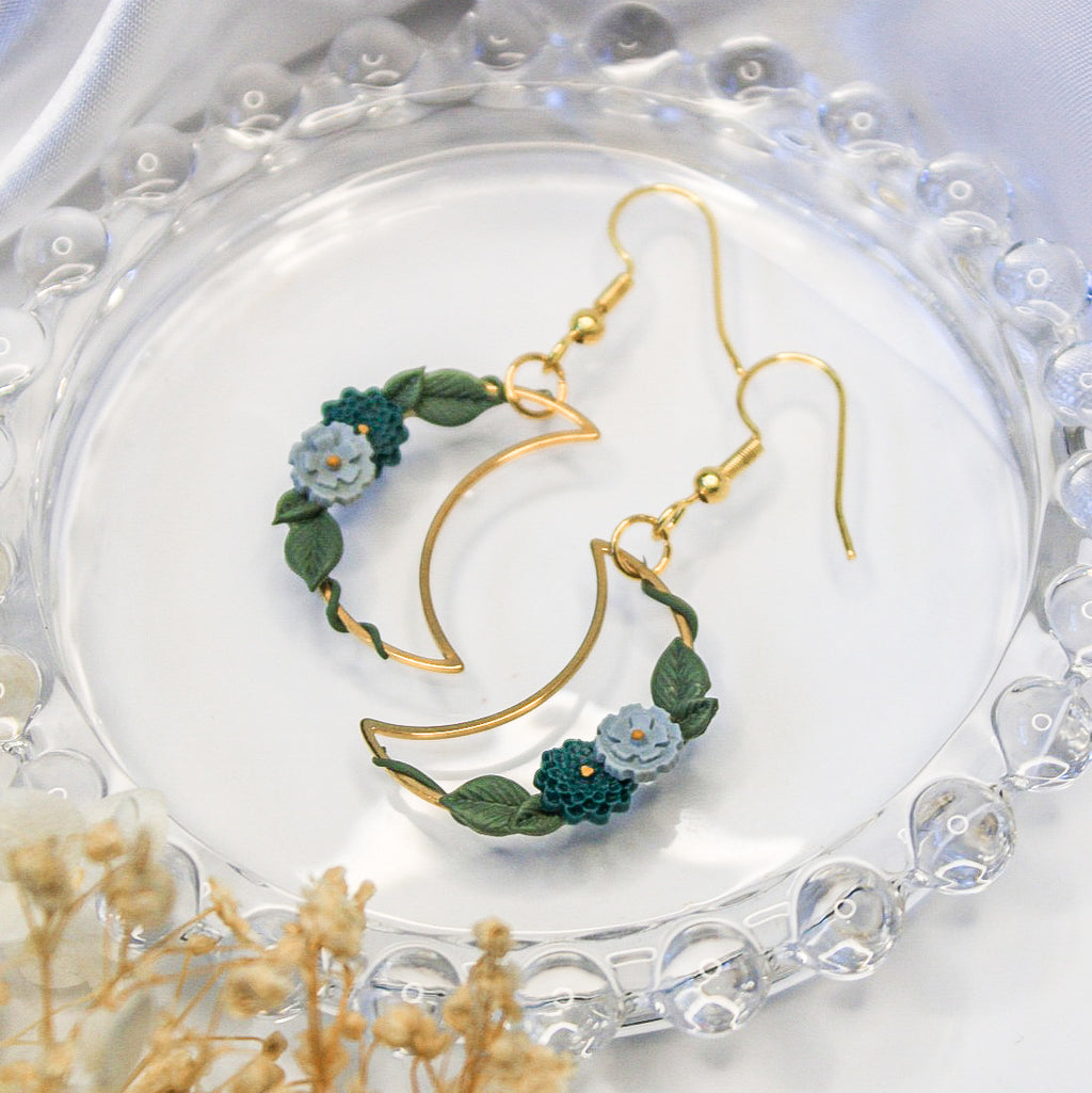 Gold crescent moon earrings with handpainted ivy florals | nature inspired jewellery NZ