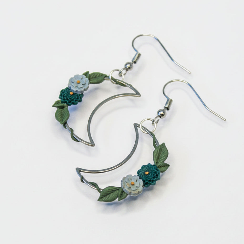 Midnight botanical crescent earrings handmade in Auckland | unique jewellery gift NZ