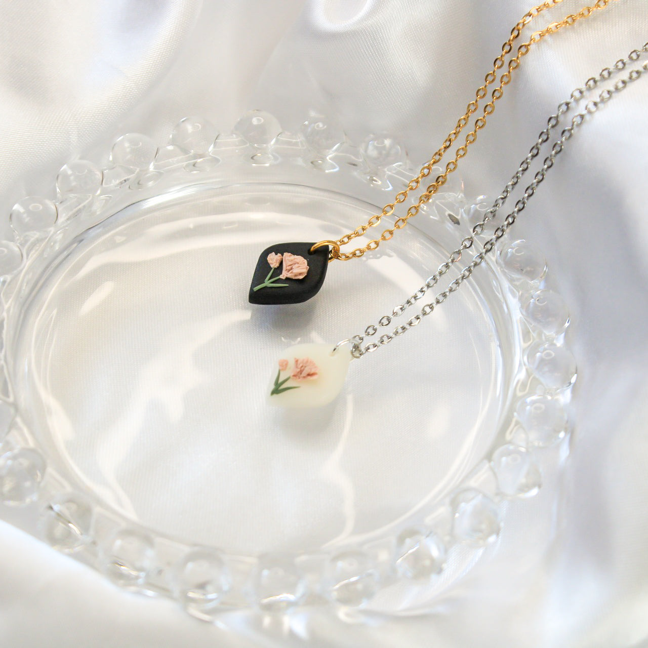 Carnation birth flower necklace — handmade in NZ by Arias Design Co