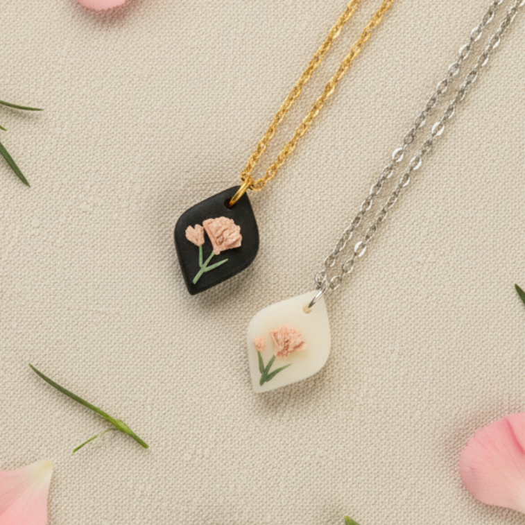 January birth flower carnation polymer clay necklace