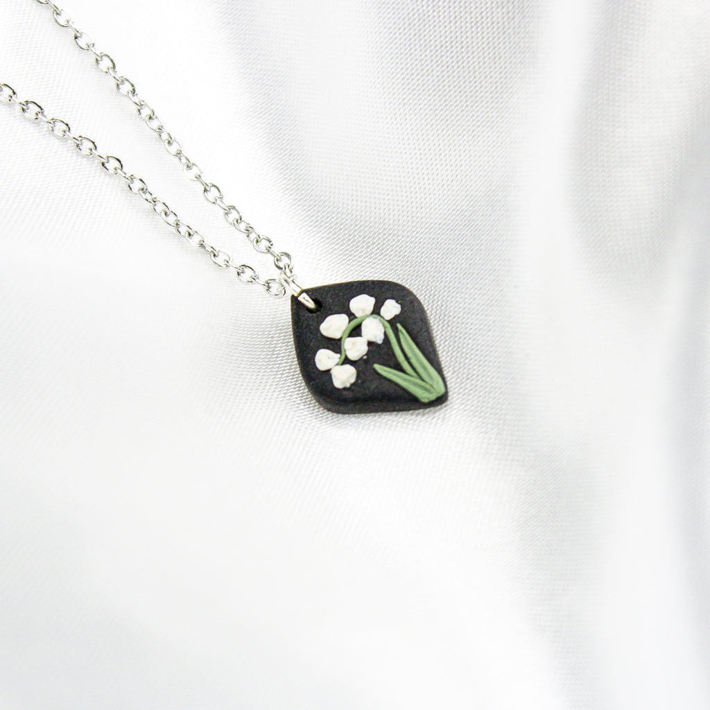 Silver raven lily of the valley birth flower necklace — May pendant