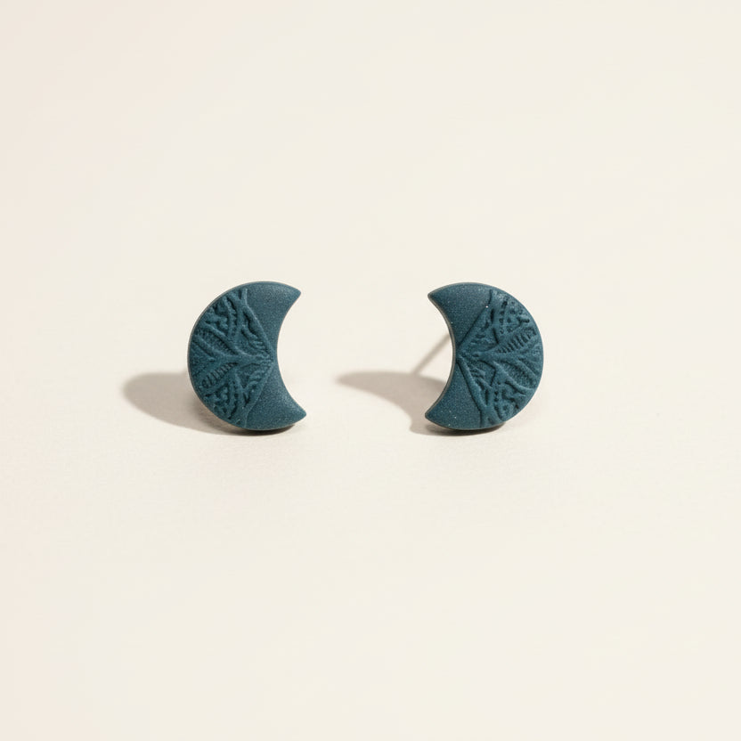 Handmade Navy Mini Moon Stud Earrings — polymer clay stud earrings made in New Zealand by Arias Design Co