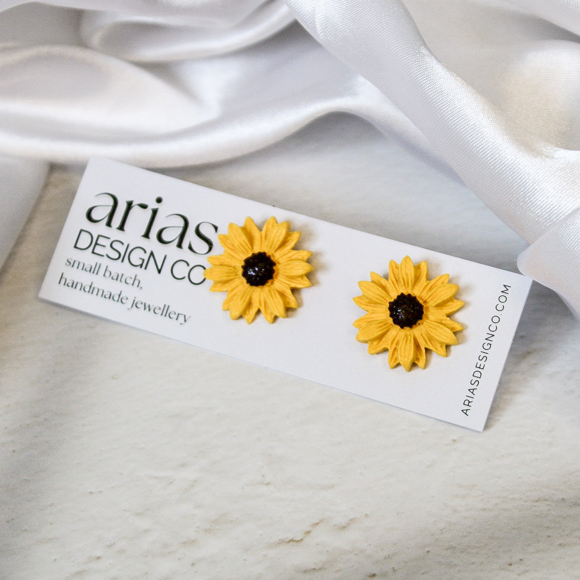 Handpainted silver sunflower stud polymer clay earrings | dainty flower earrings NZ