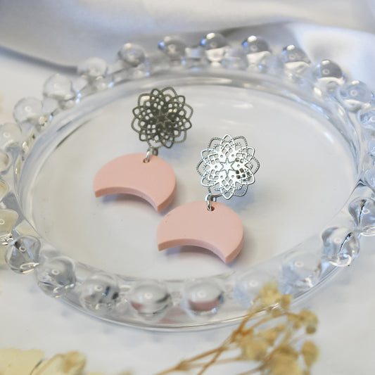 Pink moon and mandala quirky earrings handmade