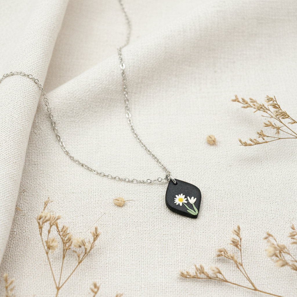 Daisy flower necklace April birth month on silver chain