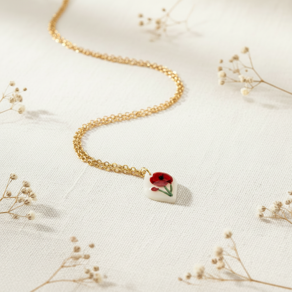 Silver necklace with a august birth flower poppy pendant on a light fabric background