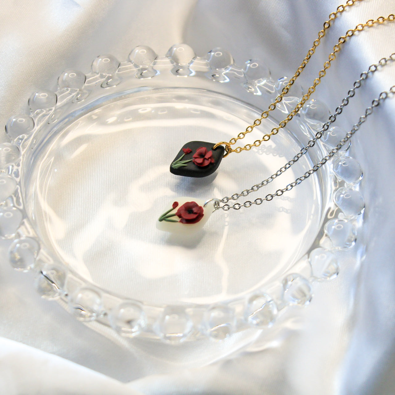 Poppy birth flower necklace — handmade in NZ by Arias Design Co