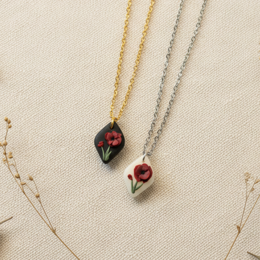 Handmade poppy necklace August birth flower