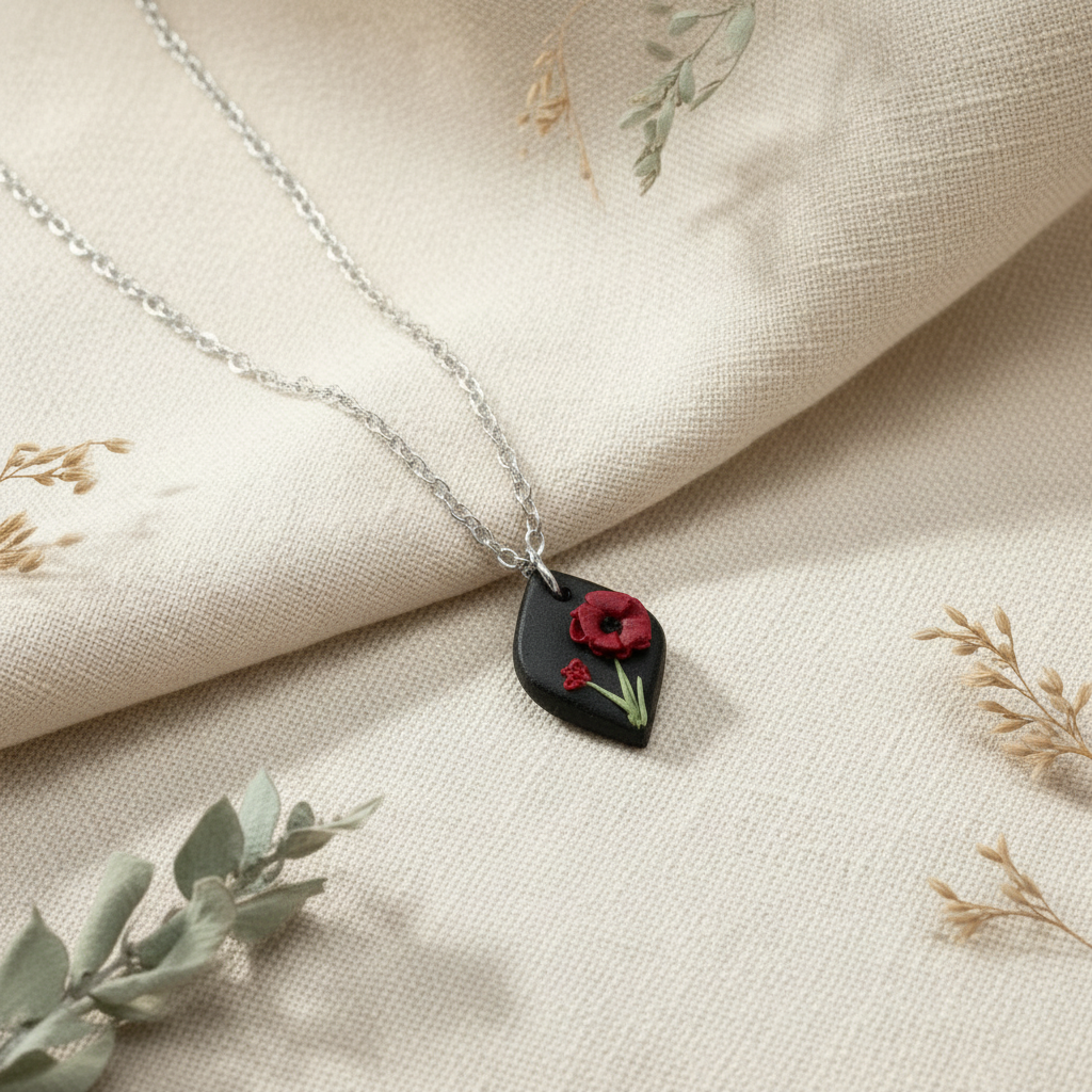 August birth flower poppy silver necklace black pendant
