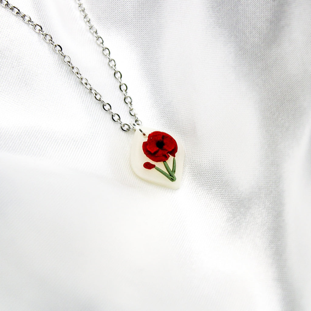 Silver raven poppy birth flower necklace — August pendant
