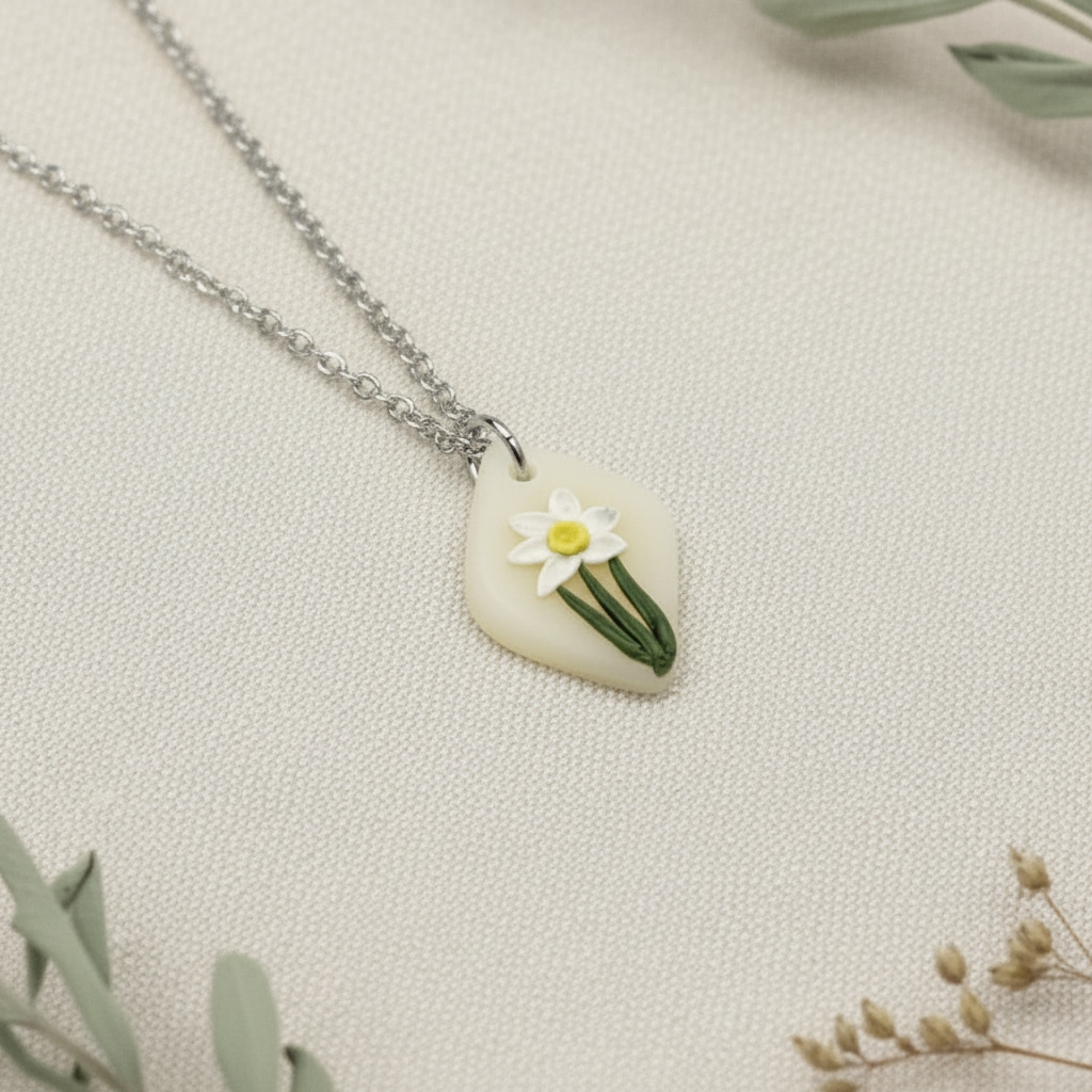 December birth flower necklace narcissus on silver chain