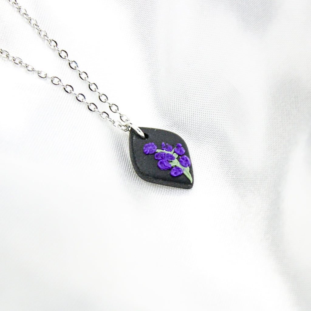 Silver raven larkspur birth flower necklace — July pendant