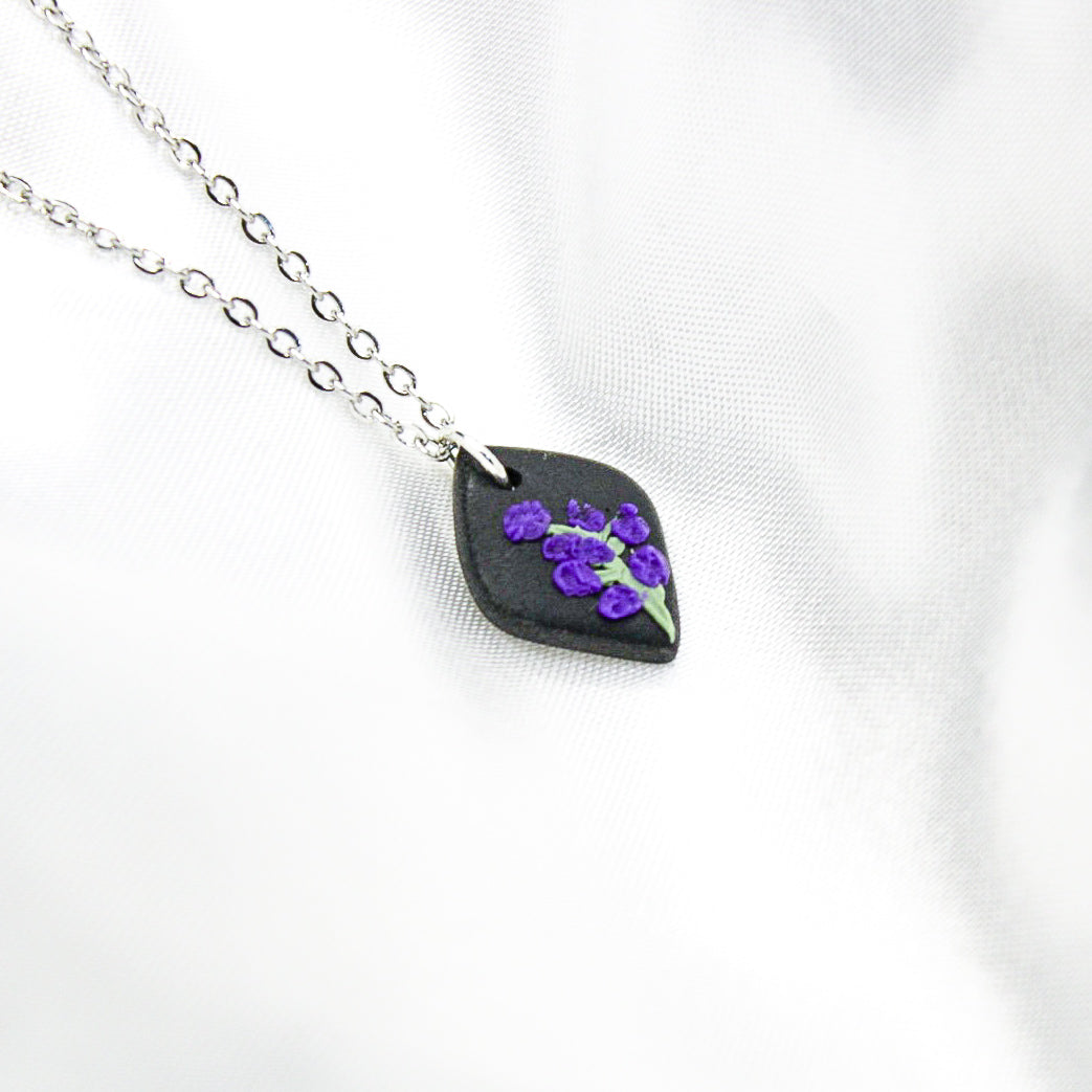 Silver raven larkspur birth flower necklace — July pendant