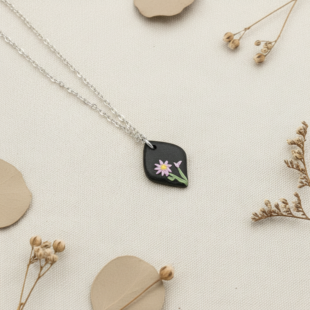 Aster necklace September birth flower polymer clay