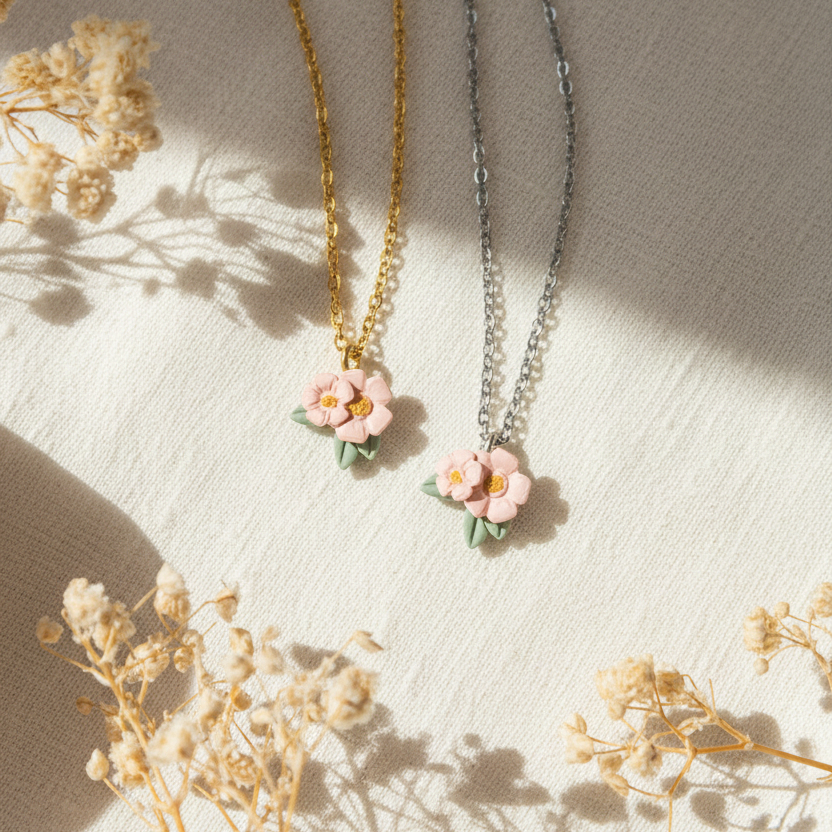 Handmade flower polymer clay necklace in blush pink