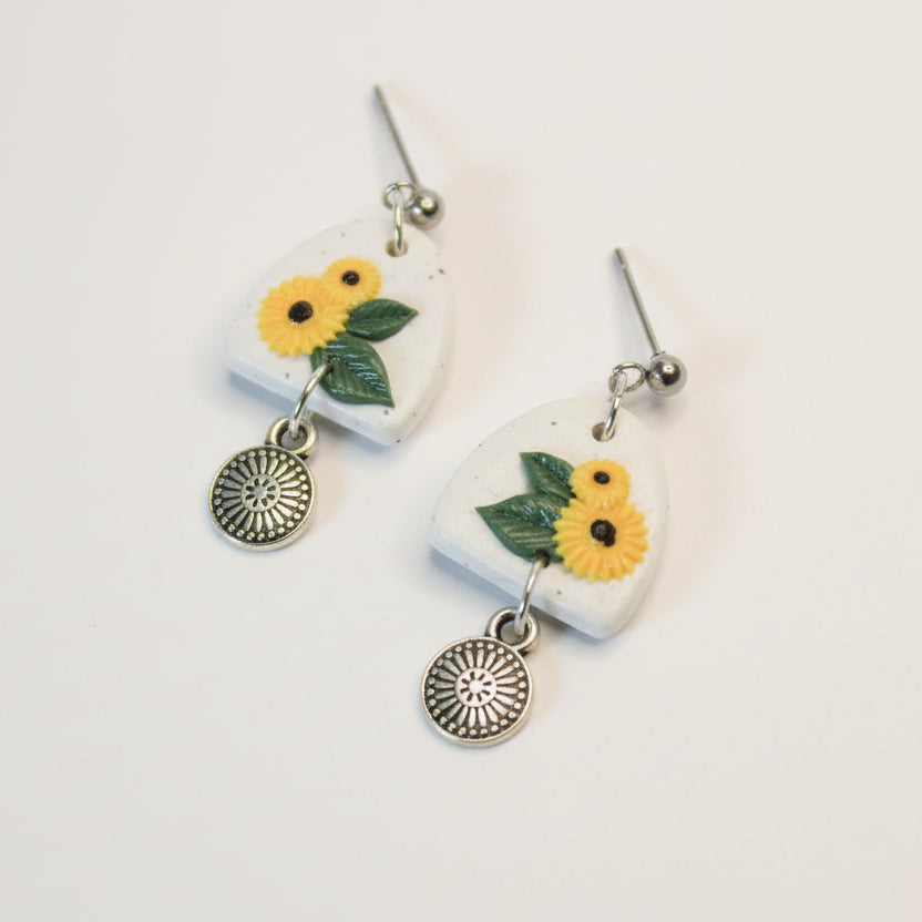Handmade Sunflower Bouquet Arch Earrings — polymer clay drop earrings made in New Zealand by Arias Design Co