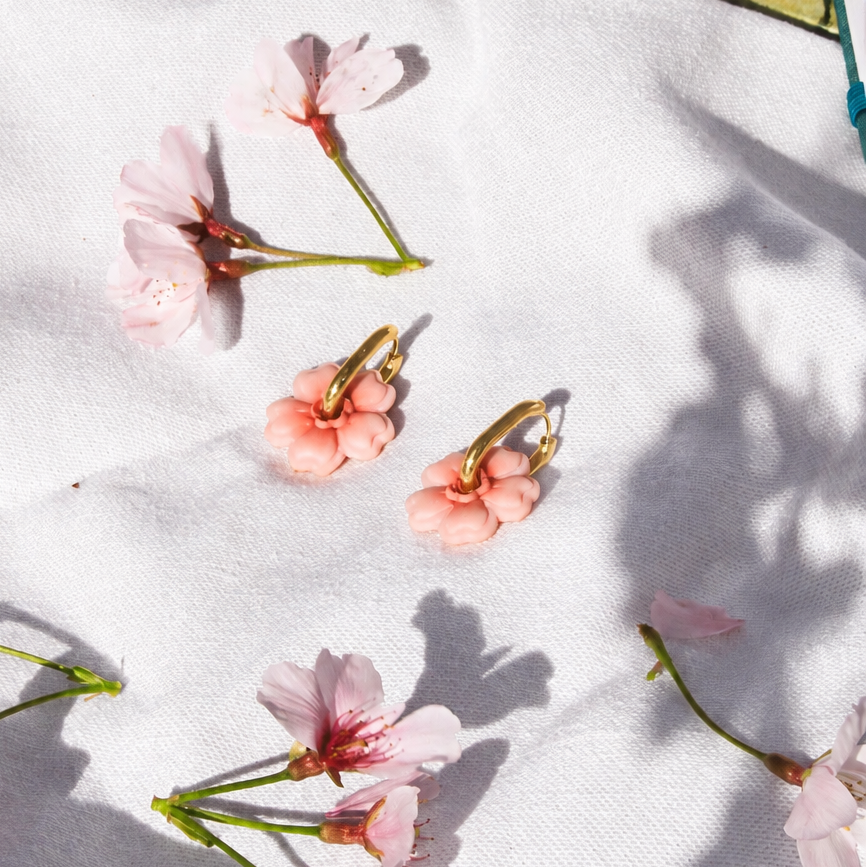 cherry blossom polymer clay earrings gold huggies