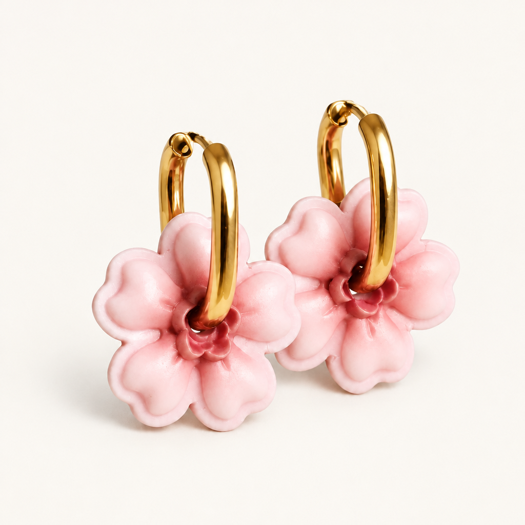 handmade polymer clay cherry blossom earrings on gold huggies