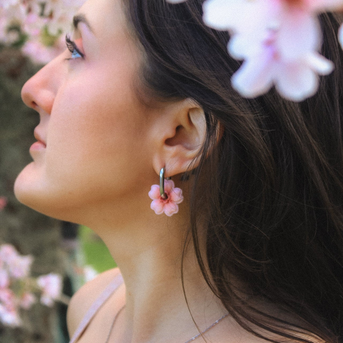 polymer clay cherry blossom silver huggies earrings