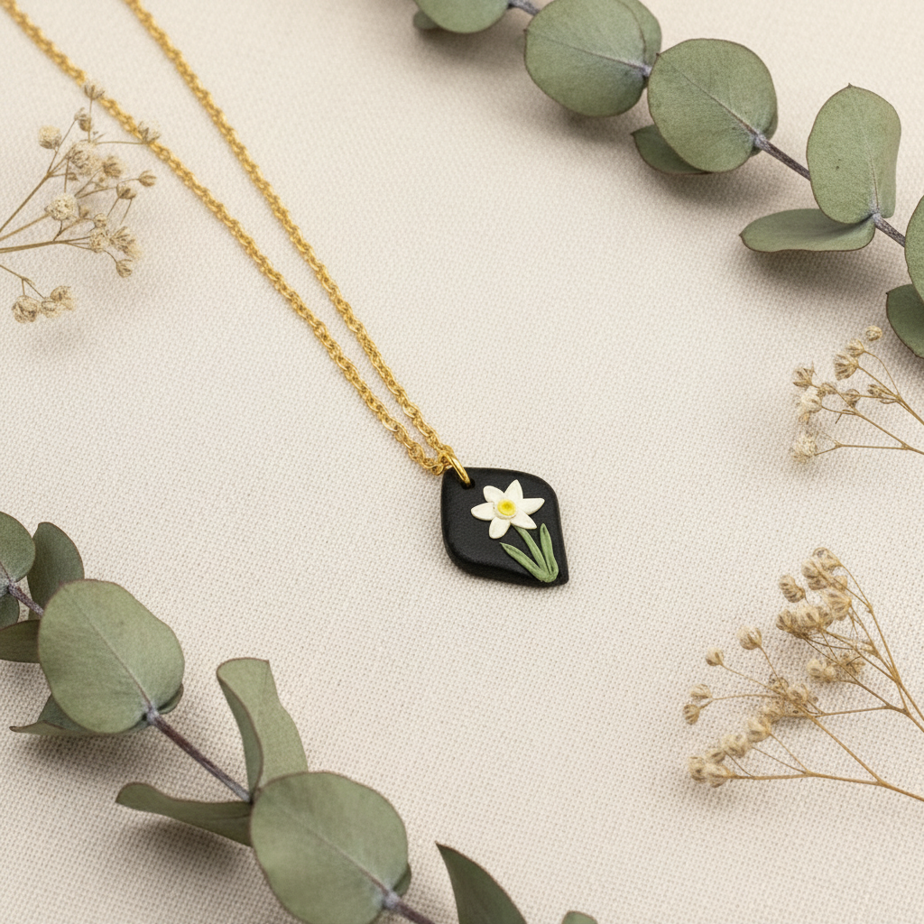 Narcisuss necklace on gold chain - December birth flower month