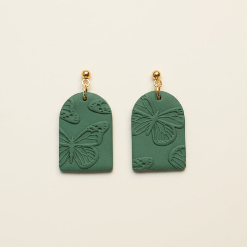 Handmade Butterfly Texture Arch Earrings — polymer clay drop earrings made in New Zealand by Arias Design Co