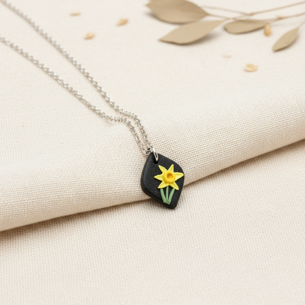 March birth flower daffodil necklace in silver daffodil