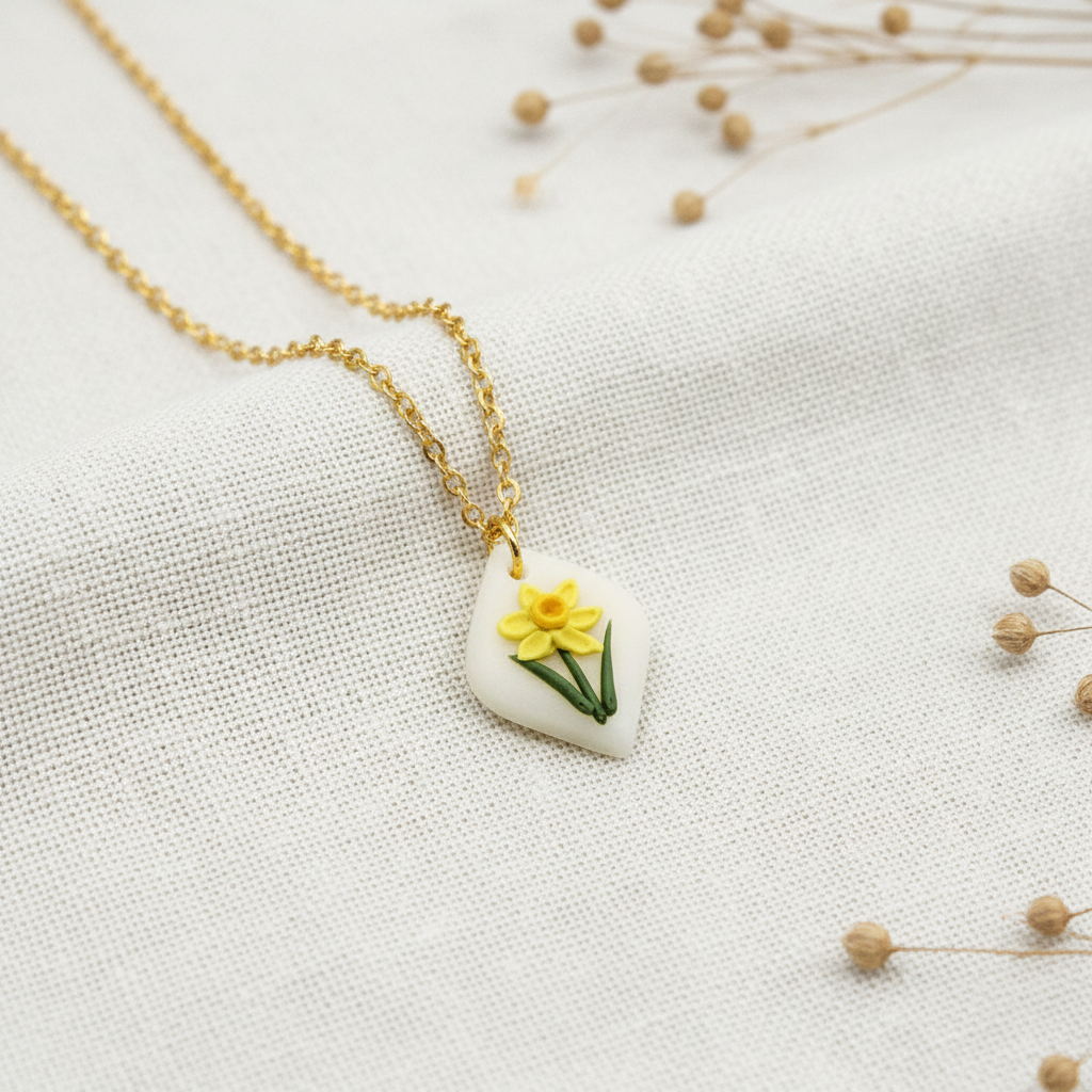 Handmade March birth flower daffodil gold necklace NZ