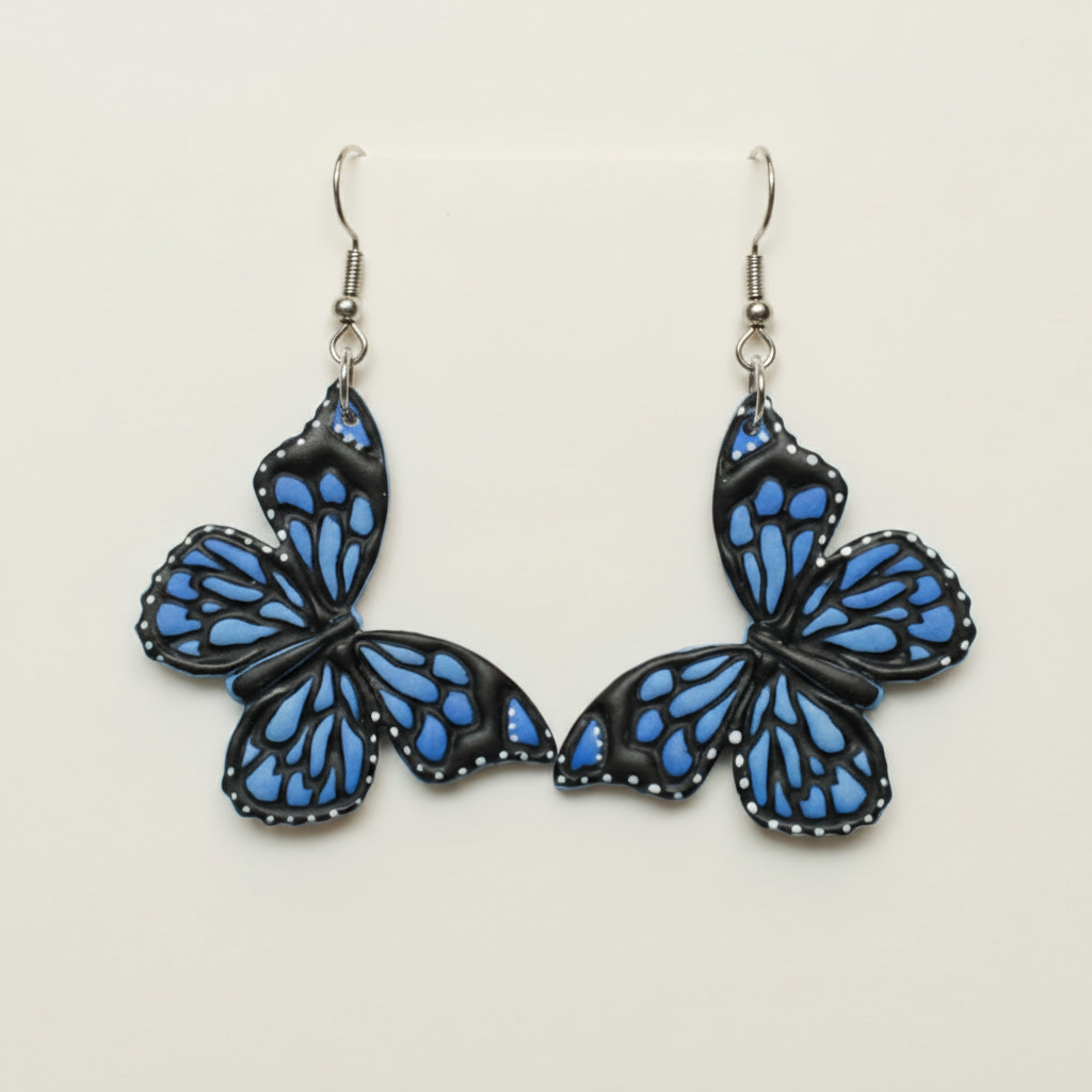 Handpainted morpho butterfly statement earrings in silver | handpainted earrings NZ