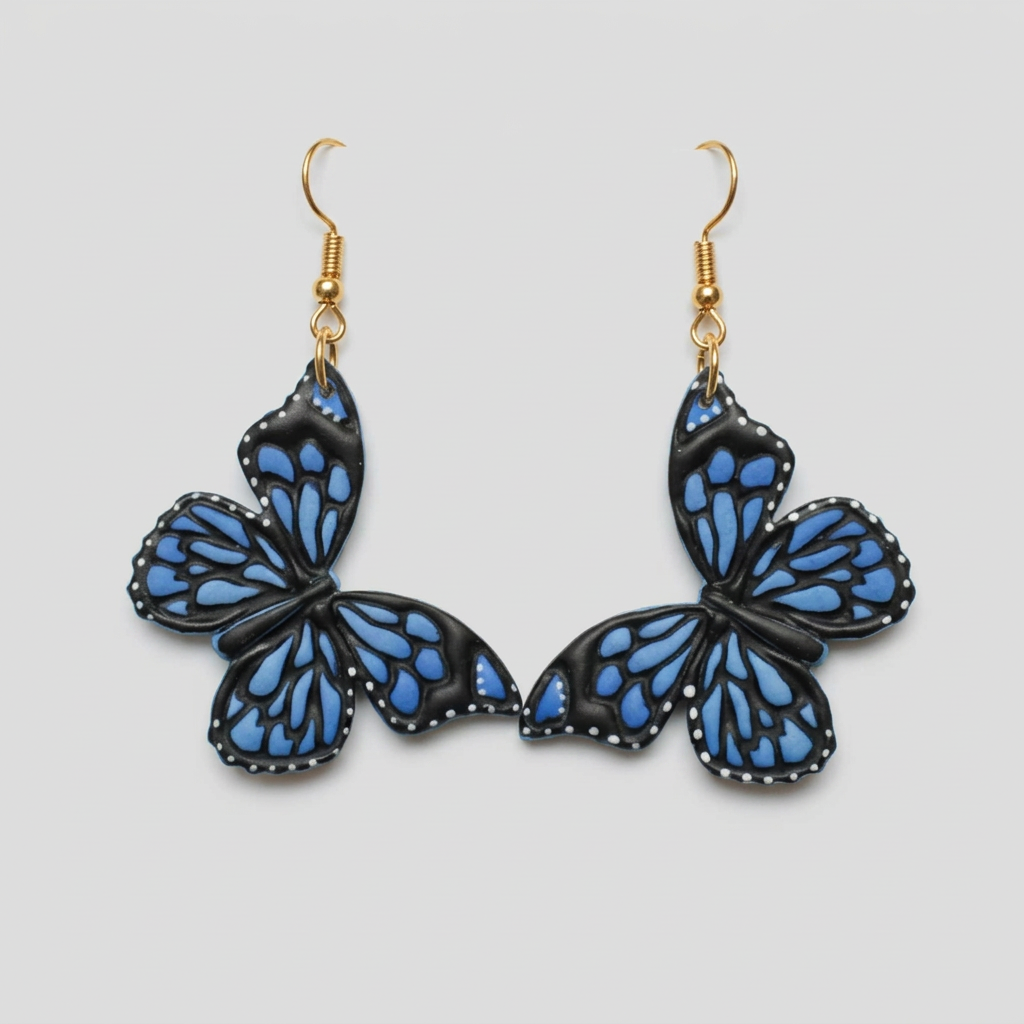 Handpainted Butterfly Statement Earrings - Gold