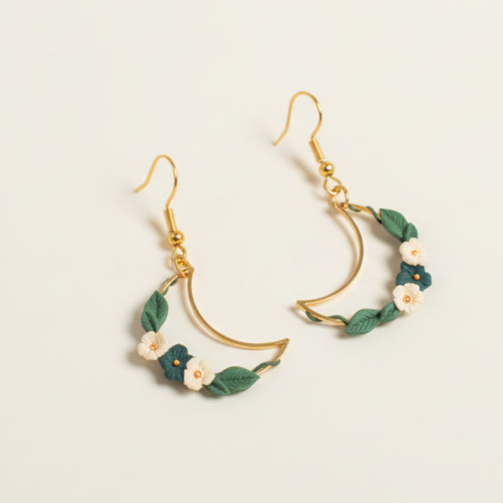 Ivory crescent earrings in teal & ivory | NZ handmade flower jewellery