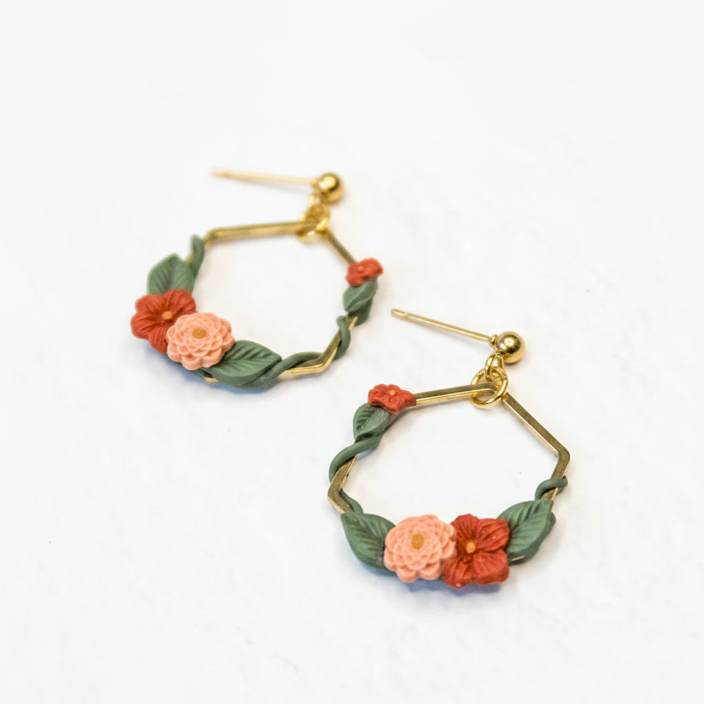 Ivy hexagon polymer clay earrings in gold | handmade flower earrings NZ