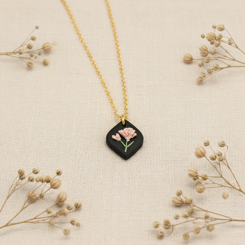 Handmade january birth flower necklace carnation black and gold 