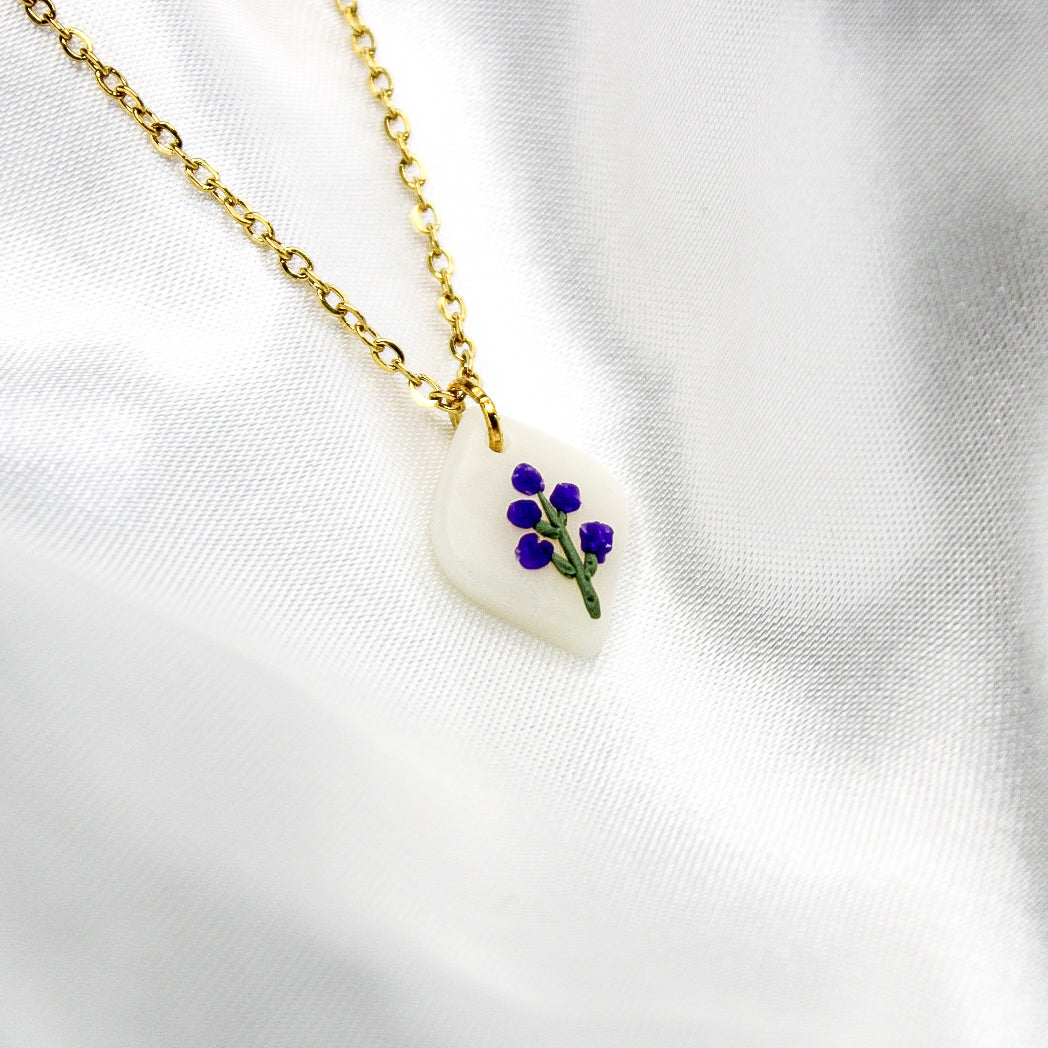 Gold larkspur birth flower necklace — July pendant