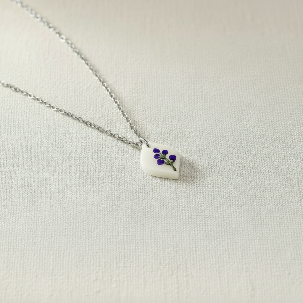 July birth flower larkspur polymer clay necklace silver