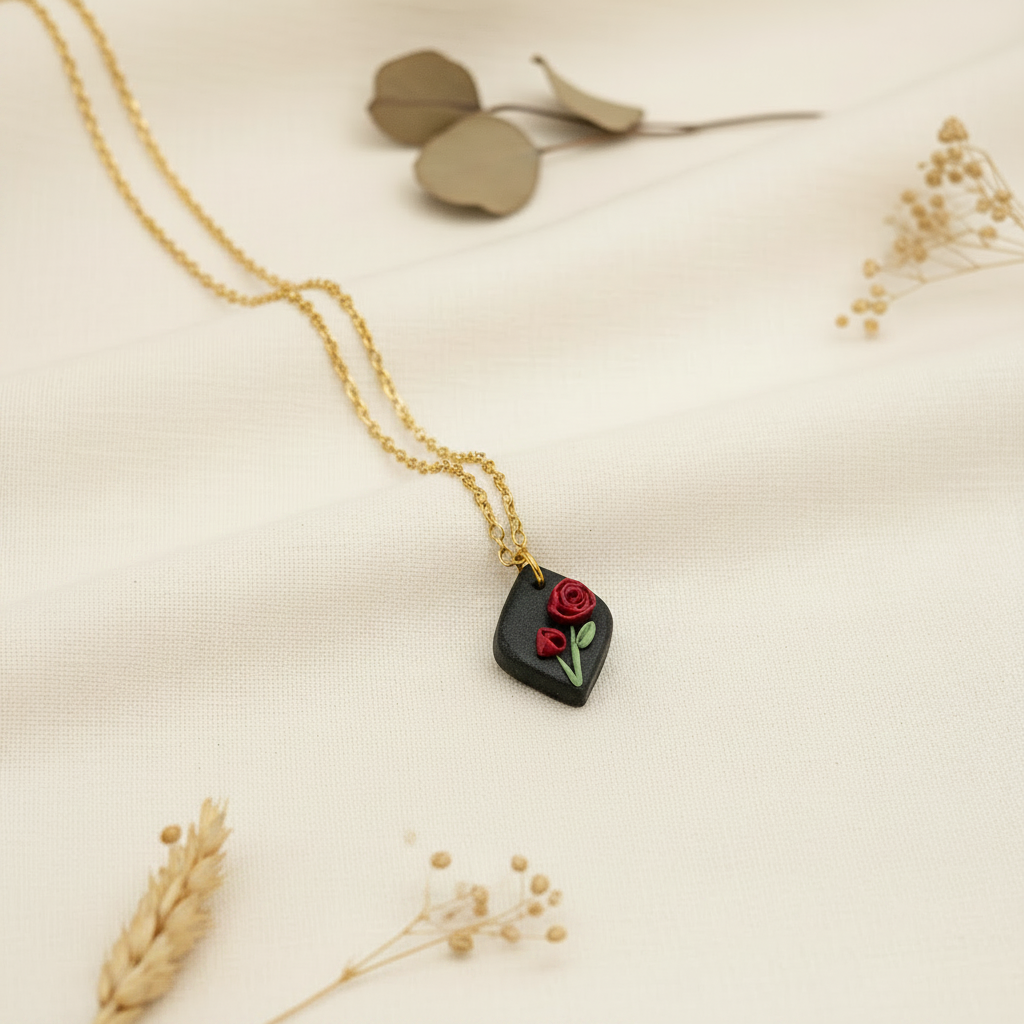 Necklace with a pendant featuring rose june birth flower on a beige background with dried plants.