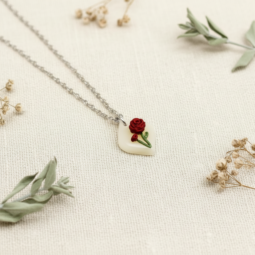 Necklace with a diamond-shaped pendant featuring a june birth flower red rose on a textured surface with dried flowers.