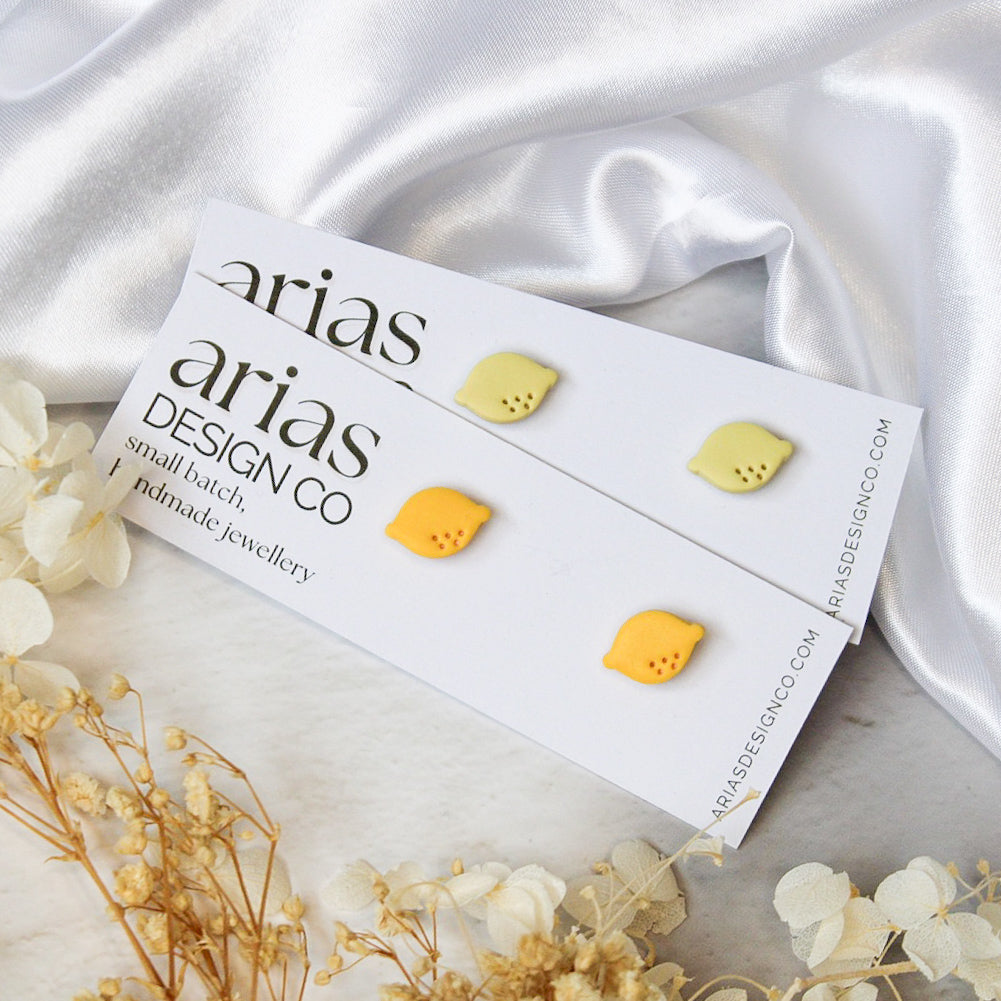 Lemon Stud Earrings — handmade NZ stud earrings crafted from polymer clay in Auckland by Arias Design Co