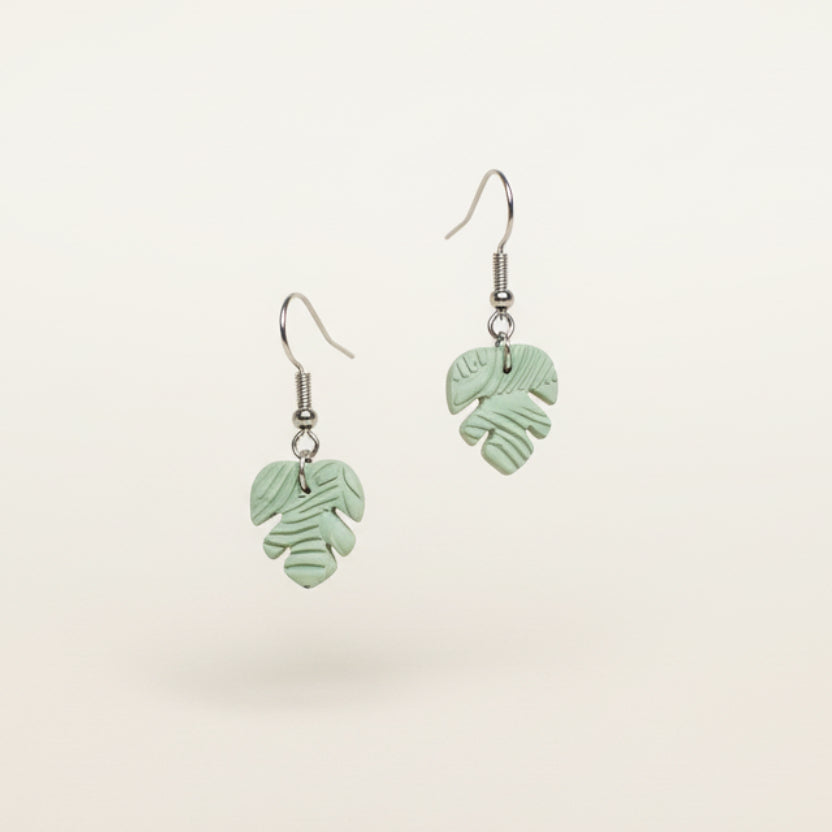 Handmade Mint Monstera Earrings — polymer clay earrings made in New Zealand by Arias Design Co