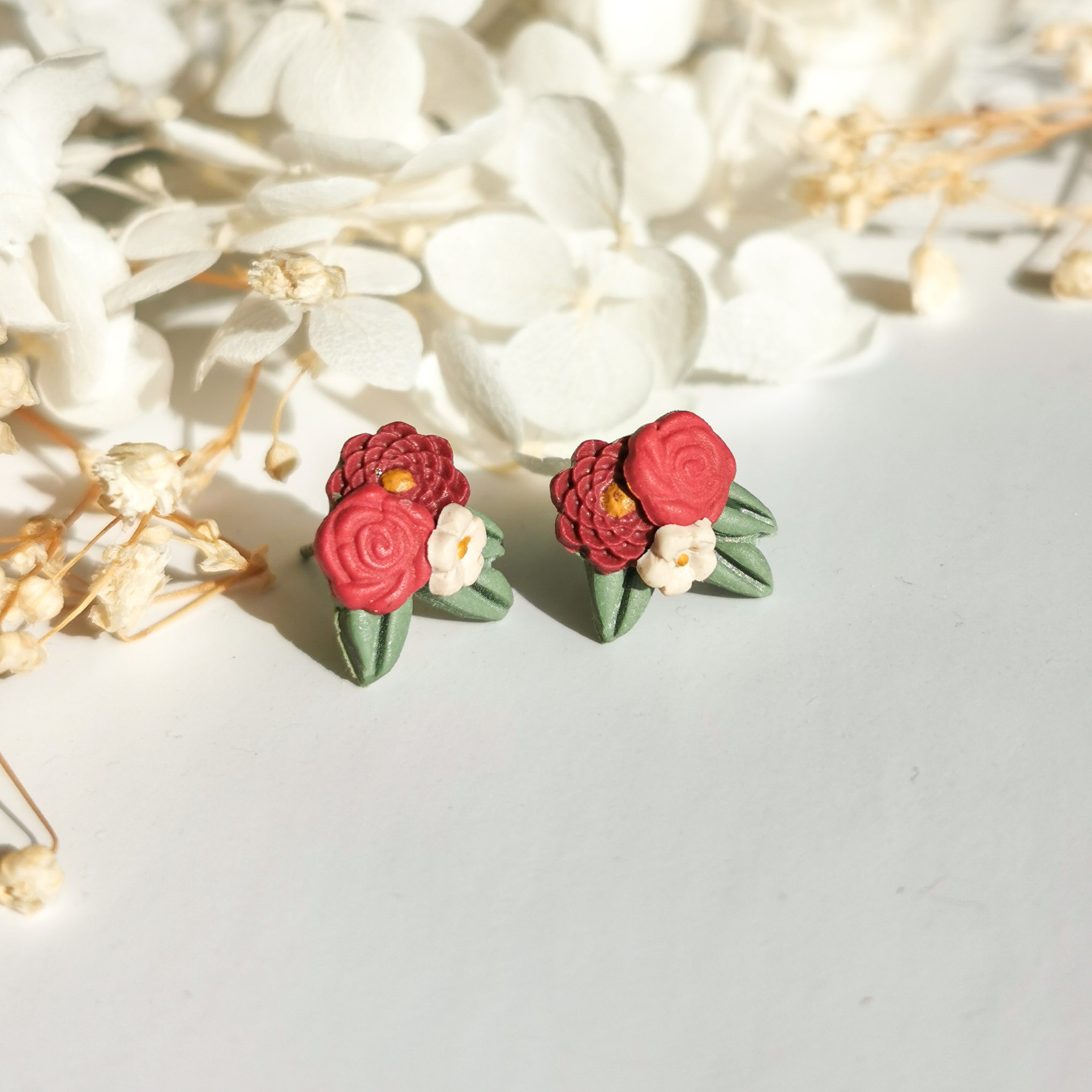 Handpainted mini bouquet studs in scarlet red on silver | polymer clay earrings NZ