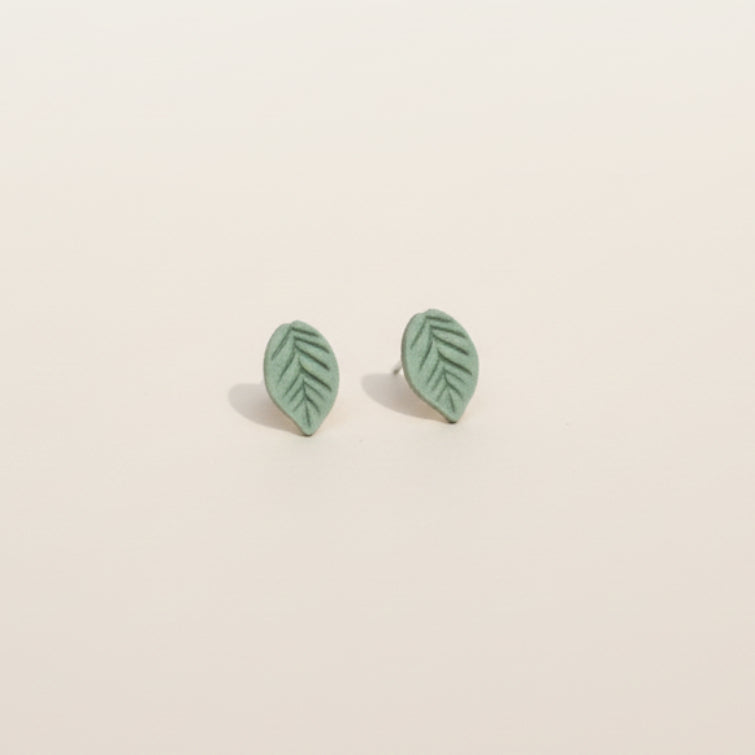 Handmade Sage Mini Leaf Stud Earrings — polymer clay stud earrings made in New Zealand by Arias Design Co