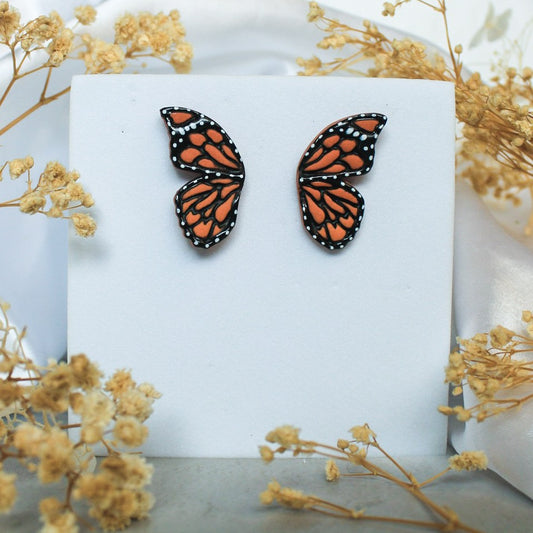 Handpainted monarch butterfly wind stud earrings | Butterfly polymer clay earrings