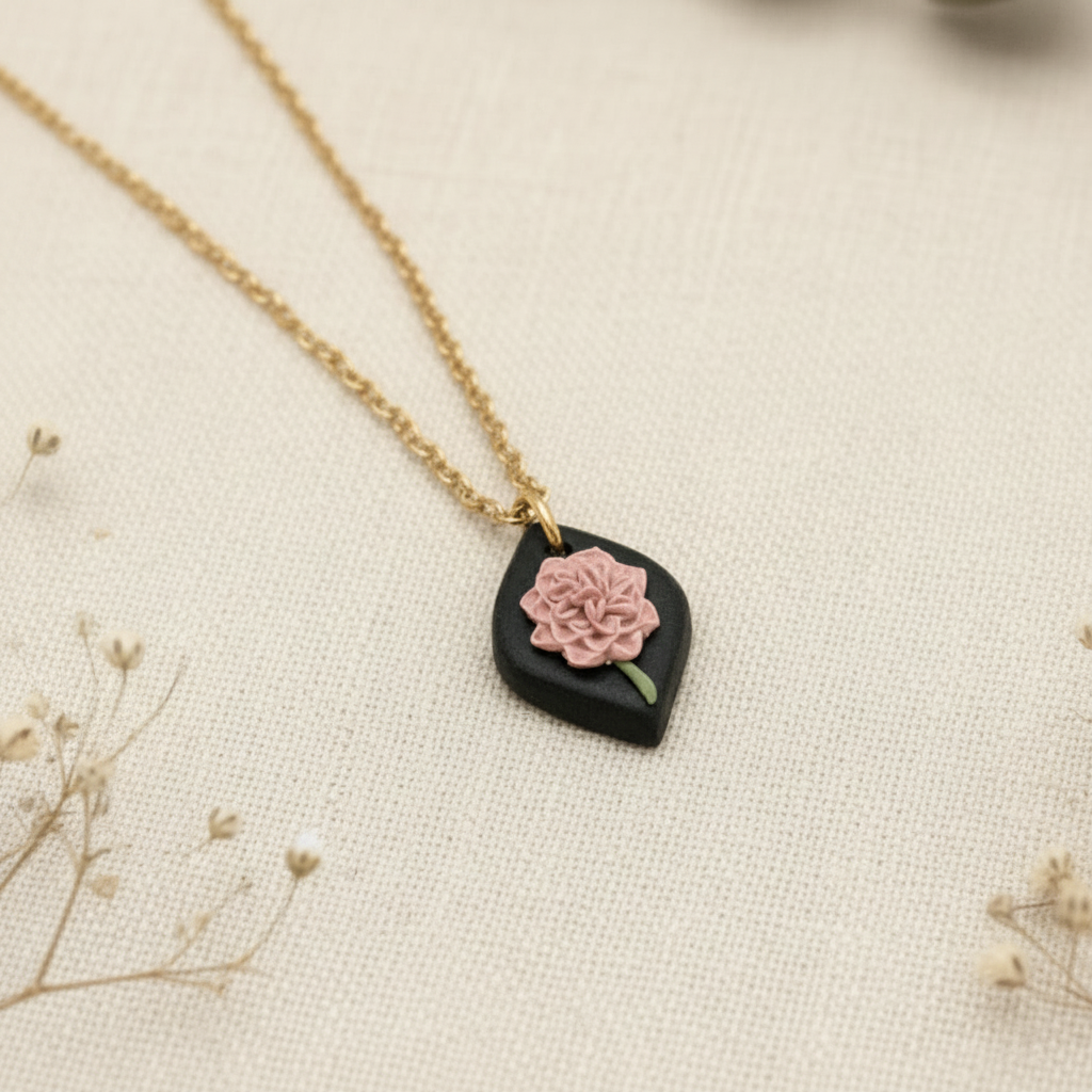 Necklace with a black leaf-shaped pendant with November birth flower on a beige fabric background.