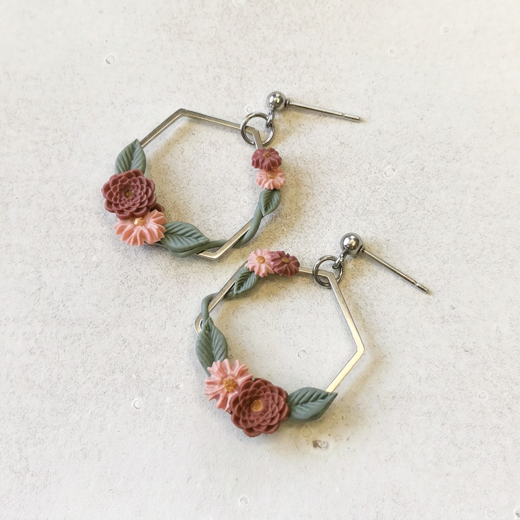Flower Frame Hexagon Earrings - Silver