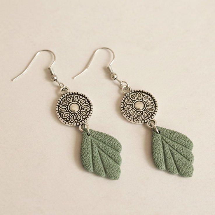 Handmade Muted Sage Boho & Charm Earrings — polymer clay earrings made in New Zealand by Arias Design Co