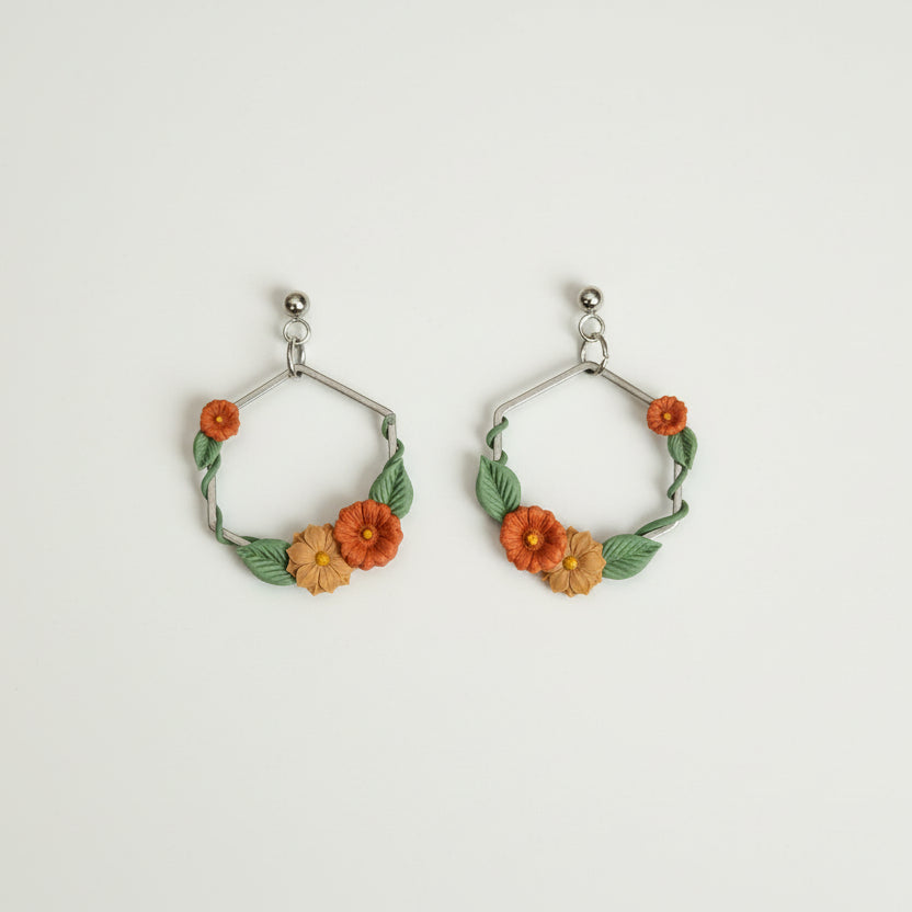 Autumn Silver Ivy Hexagon Earrings