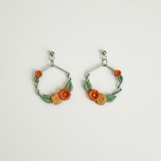 Autumn Silver Ivy Hexagon Earrings