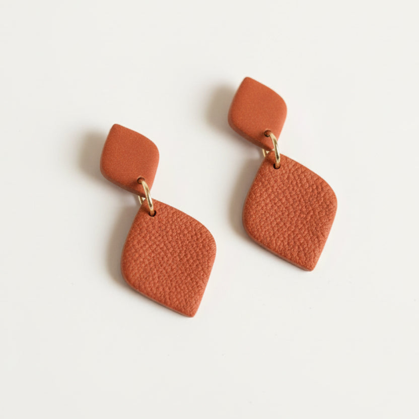 Handmade Burnt Orange Textured Rhombus Earrings — polymer clay earrings made in New Zealand by Arias Design Co