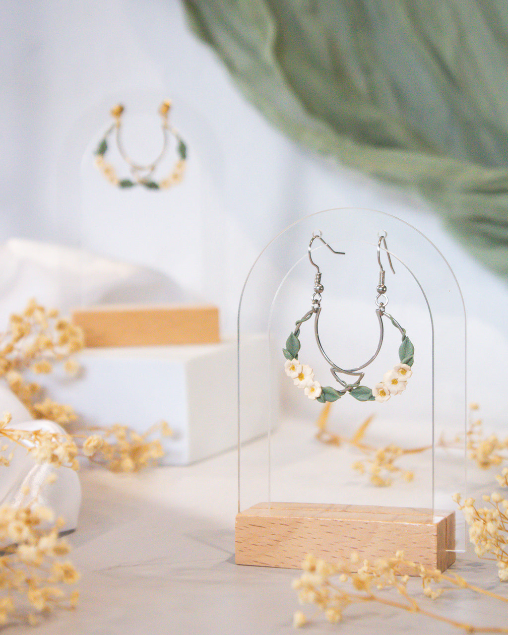 Silver crescent earrings with ivory ivy vine detail | dainty earrings New Zealand