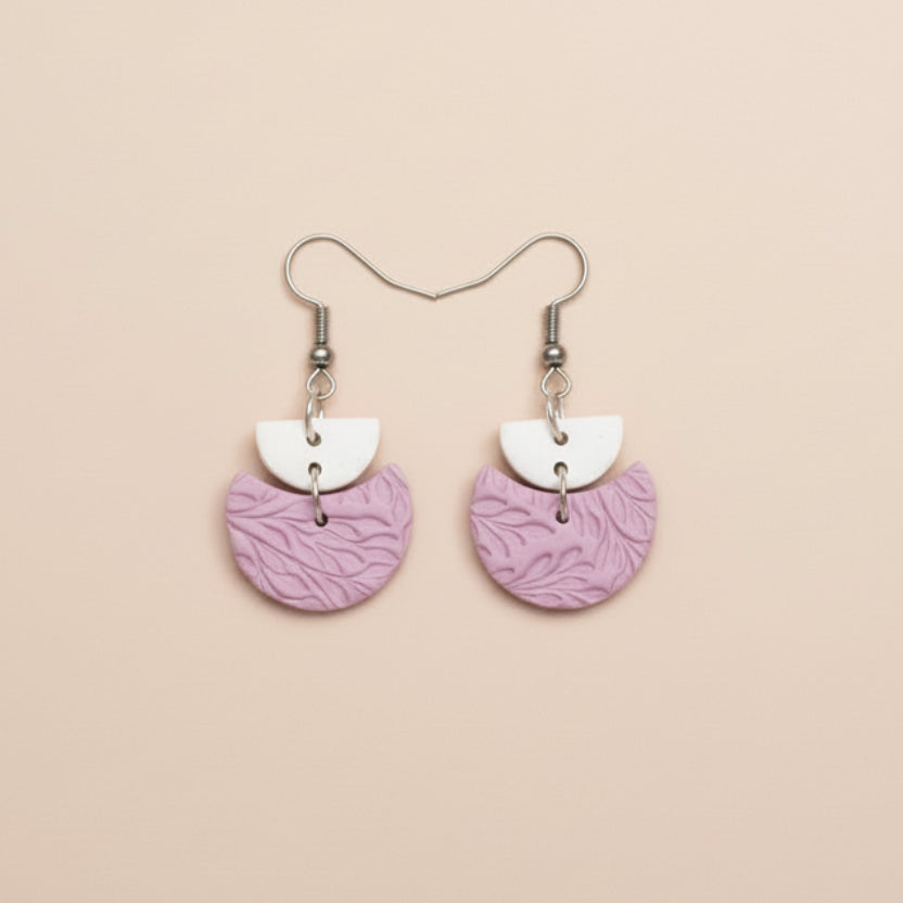 Handmade Lavender Leaf Texture Crescent Earrings — polymer clay earrings made in New Zealand by Arias Design Co